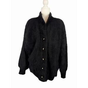 Vintage MISOOK Angora Cardigan Sweater Jacket Womens Black Est Size XL/1X Luxury